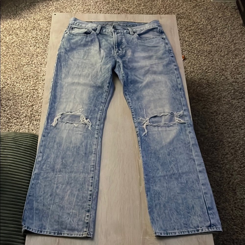 American Eagle Outfitters Blue Boot Cut Jeans with Distressed Details
